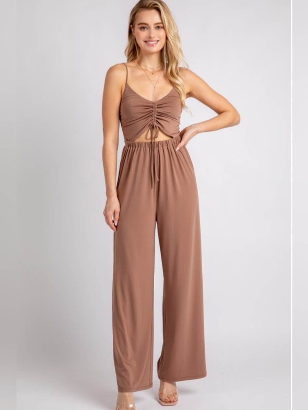 Wide-Leg Ruched Front Jumpsuit in Brown